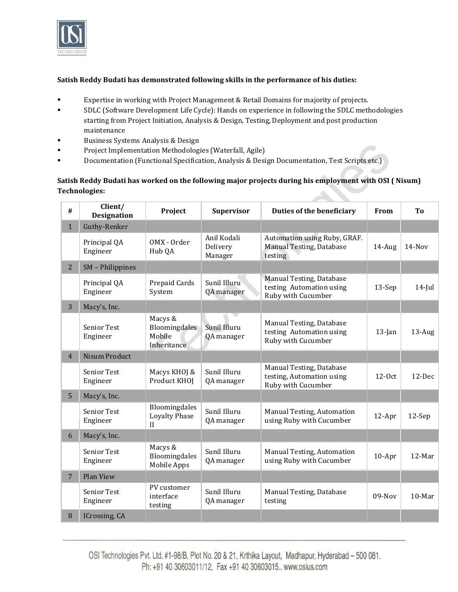 OSI Technologies experience letter showing Macy's and Bloomingdale's projects