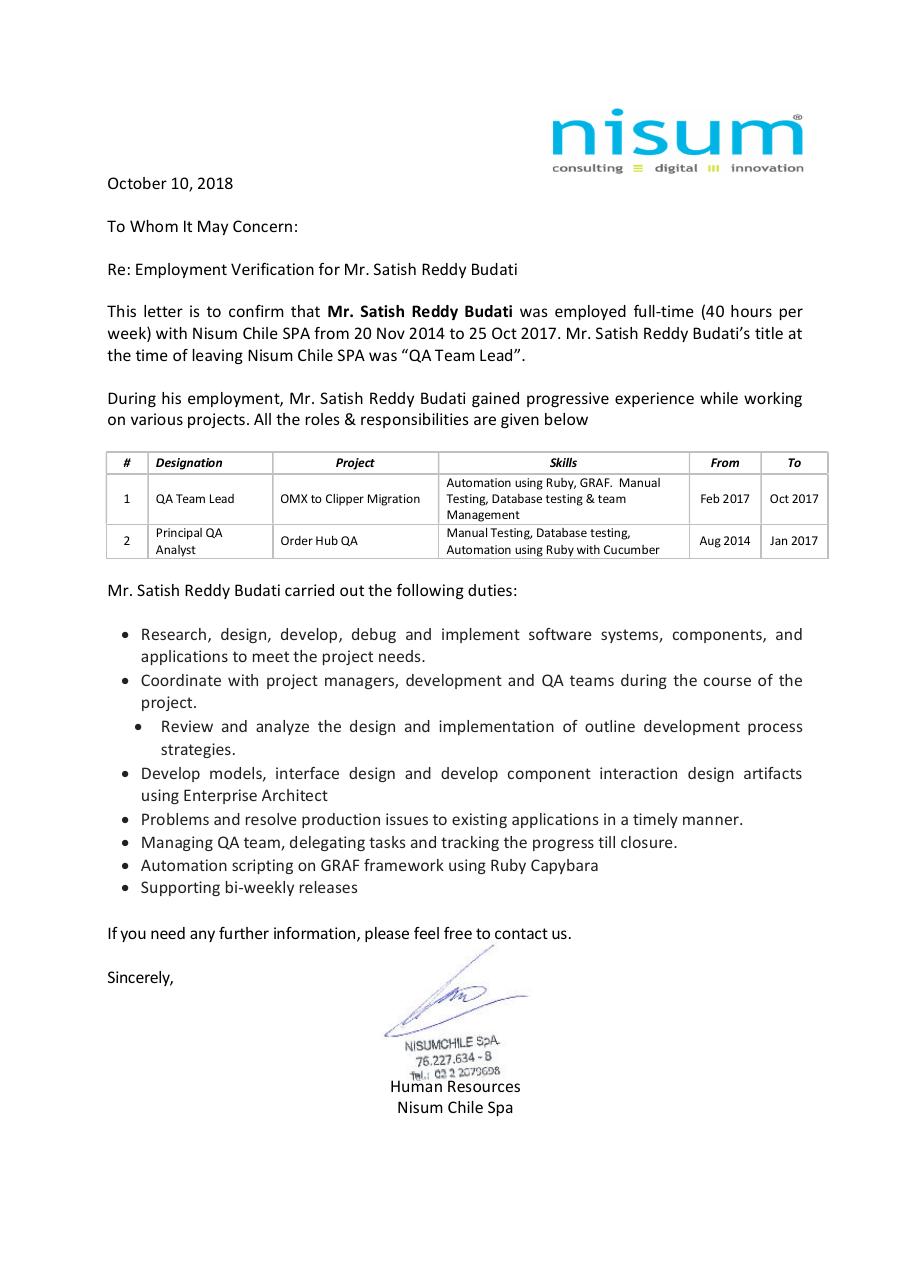 Nisum Chile experience letter