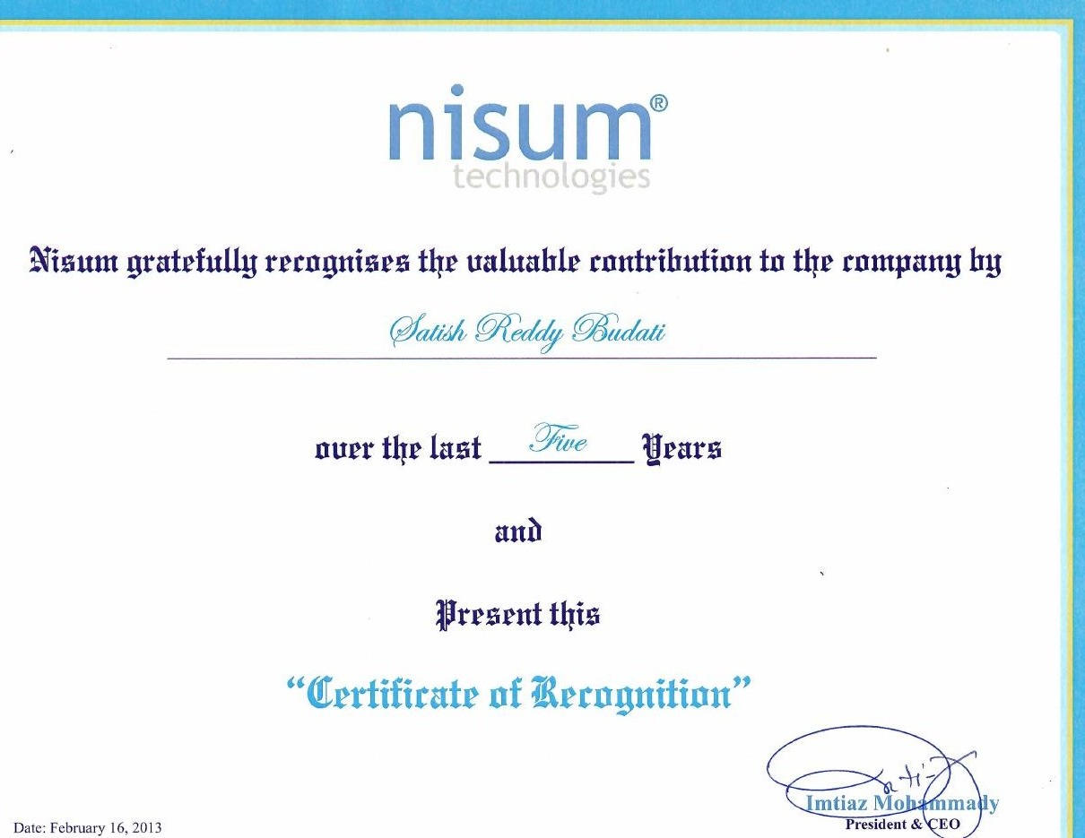 Nisum Technologies five-year Certificate of Recognition