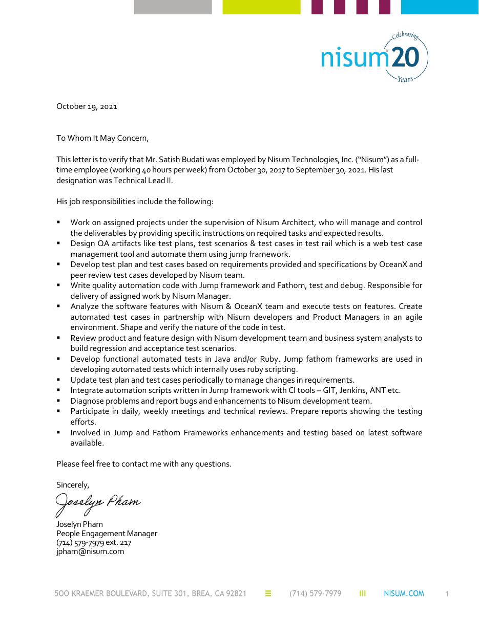 Nisum USA experience letter documenting OceanX work