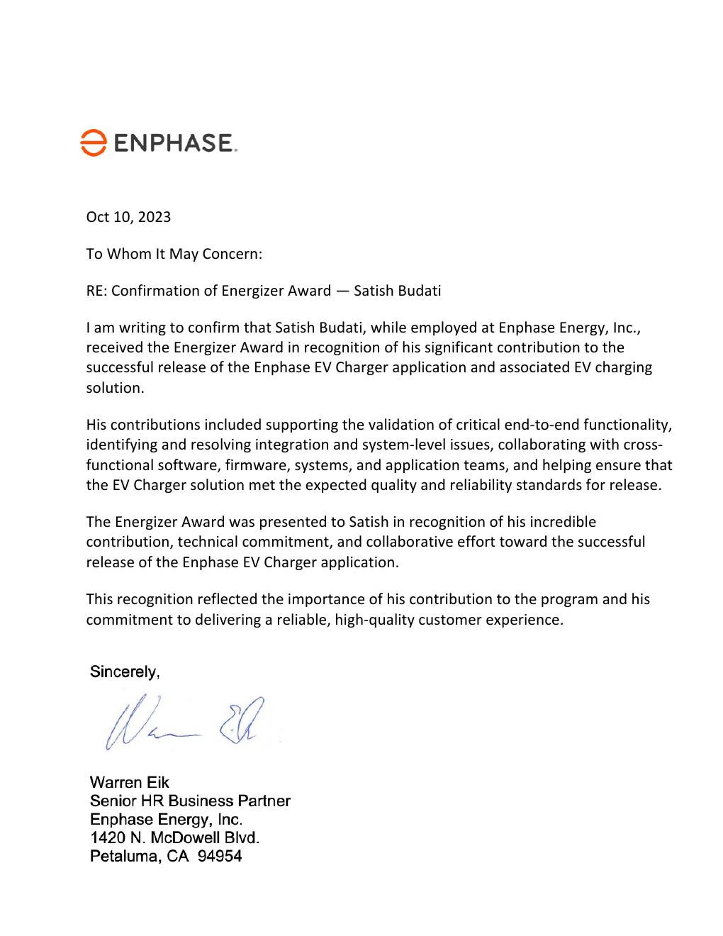 Enphase Energizer Award confirmation letter
