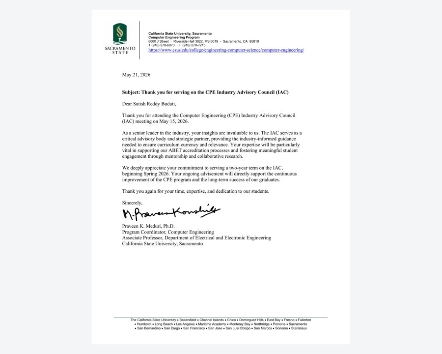 California State University Sacramento Industry Advisory Council letter for Satish Reddy Budati
