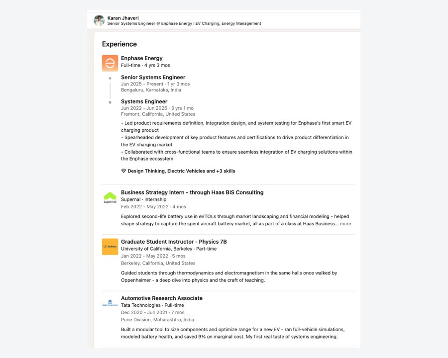 LinkedIn experience screenshot showing Karan Jhaveri's Enphase career progression