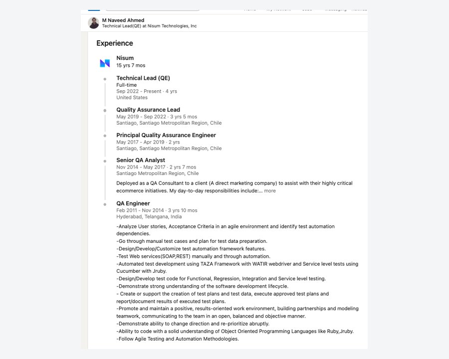 LinkedIn experience screenshot showing M Naveed Ahmed's progression at Nisum