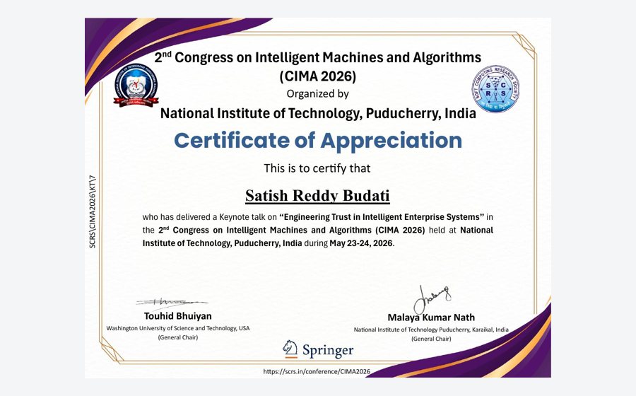 CIMA 2026 keynote certificate for Satish Reddy Budati
