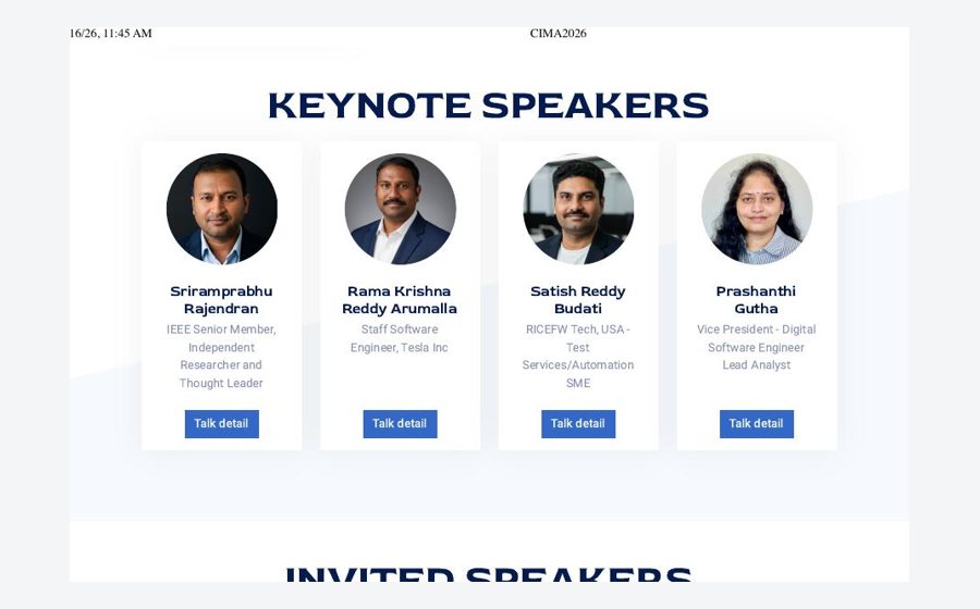 CIMA 2026 official keynote speakers page showing Satish Reddy Budati