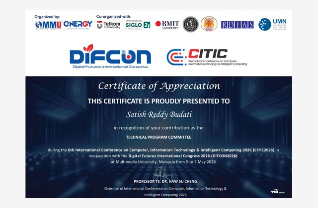 CITIC 2026 Technical Program Committee certificate for Satish Reddy Budati
