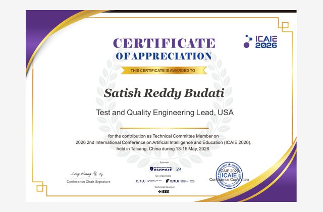ICAIE 2026 Technical Committee Member certificate for Satish Reddy Budati
