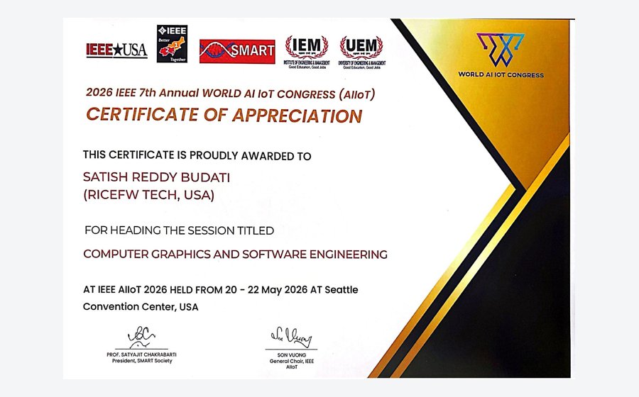 IEEE AIIoT 2026 Session Chair certificate for Satish Reddy Budati