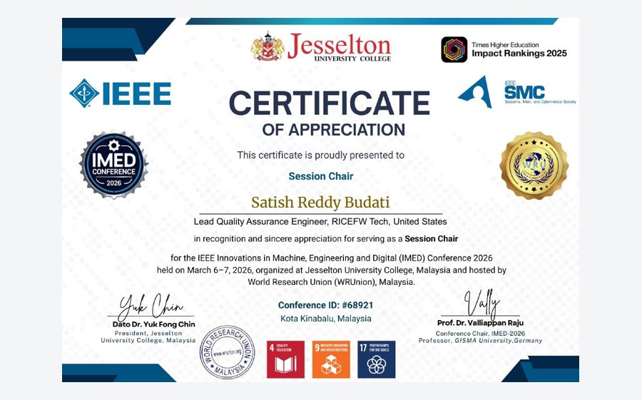 IEEE IMED 2026 Session Chair certificate for Satish Reddy Budati