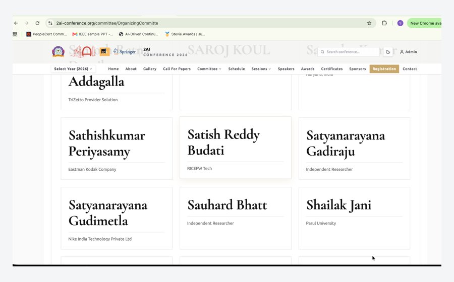 2AI 2026 official committee page showing Satish Reddy Budati, RICEFW Tech